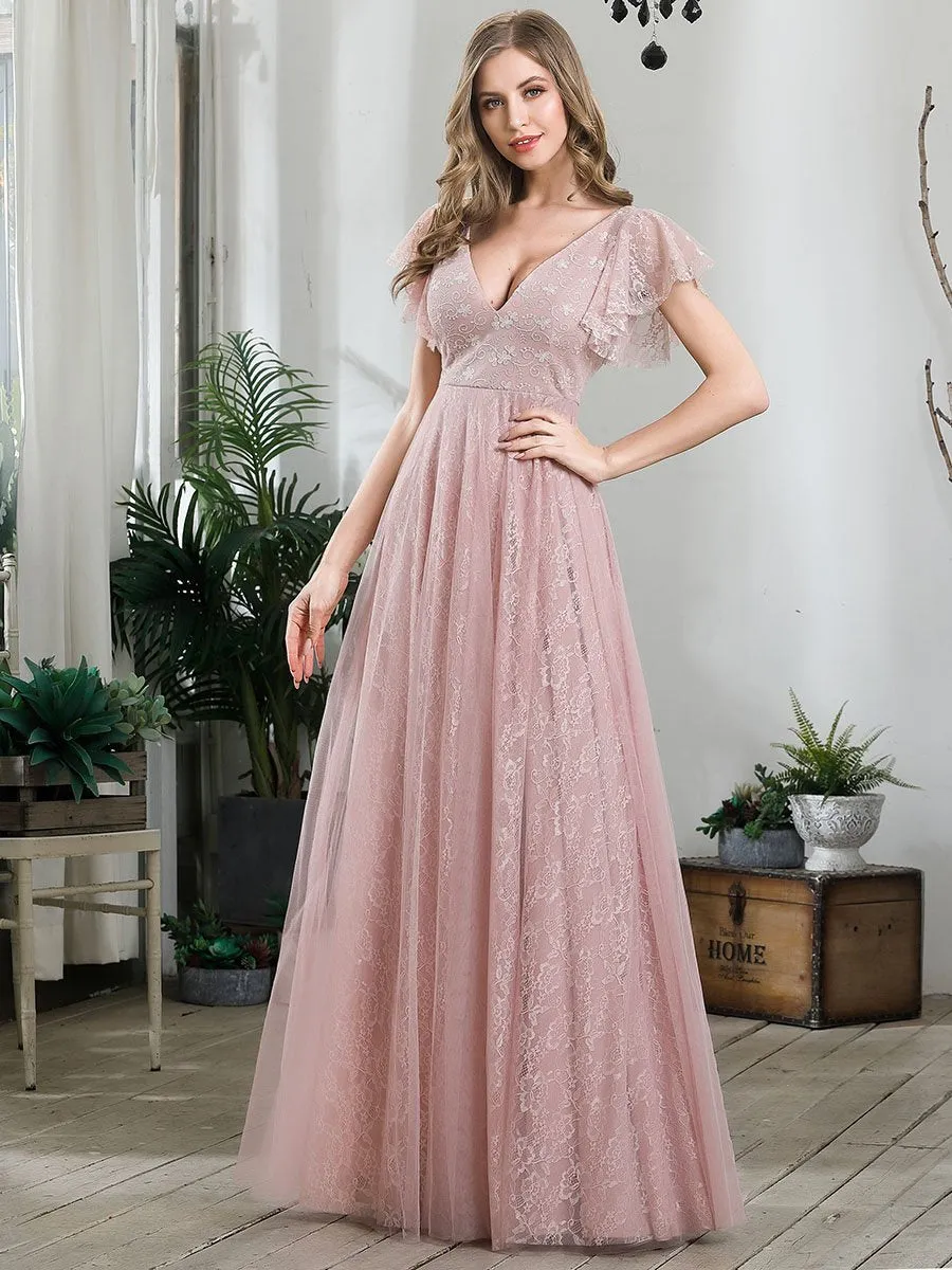 Ever-Pretty Double V-Neck Floor Length Wedding Dresses with Short Sleeve EP00857