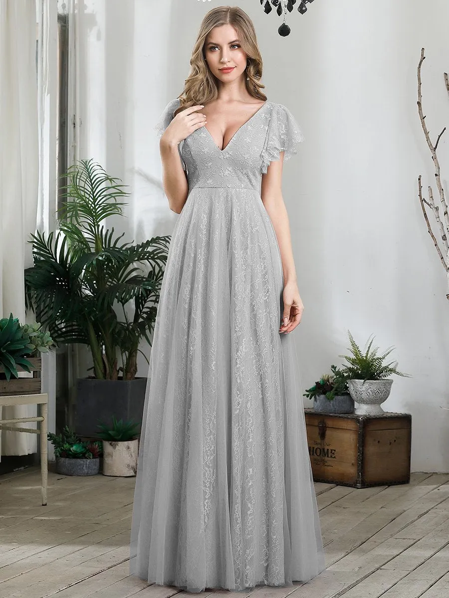 Ever-Pretty Double V-Neck Floor Length Wedding Dresses with Short Sleeve EP00857