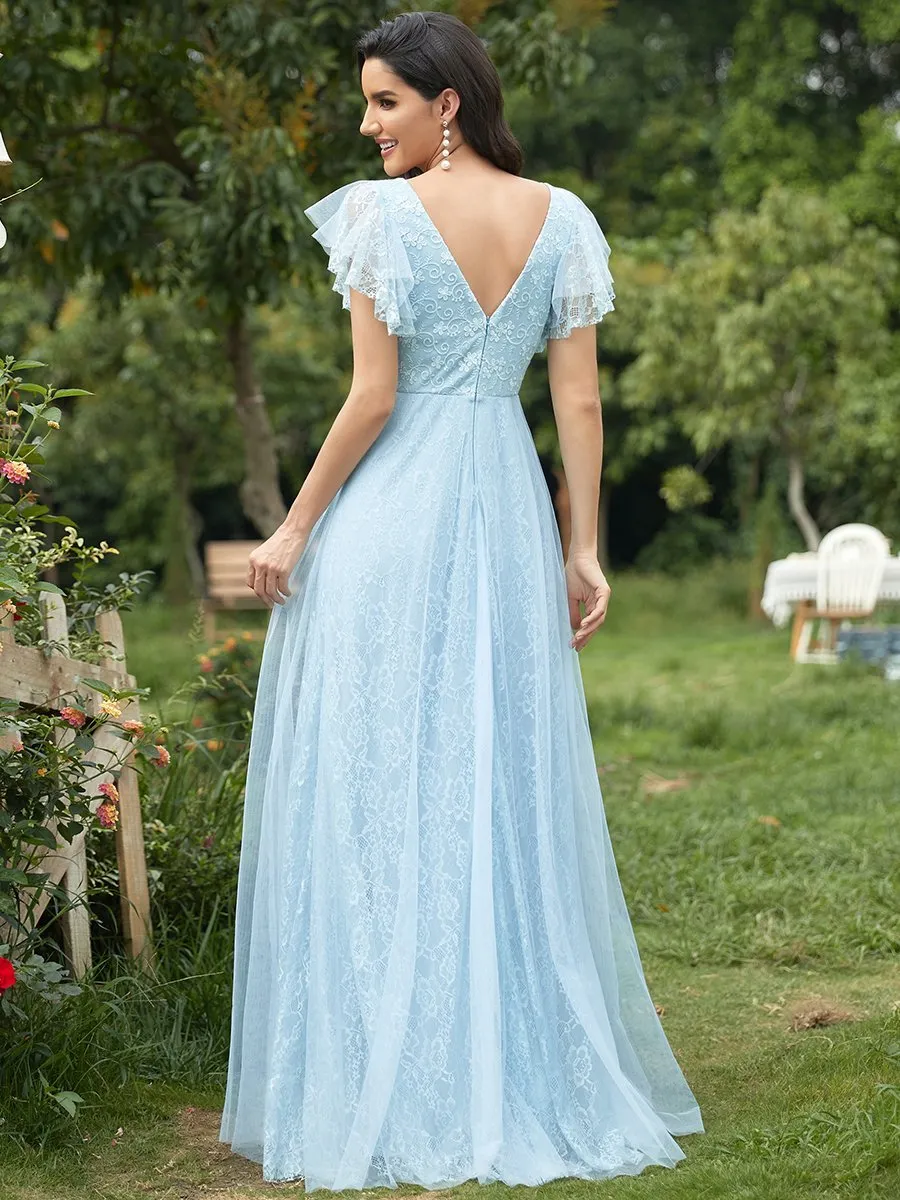 Ever-Pretty Double V-Neck Floor Length Wedding Dresses with Short Sleeve EP00857