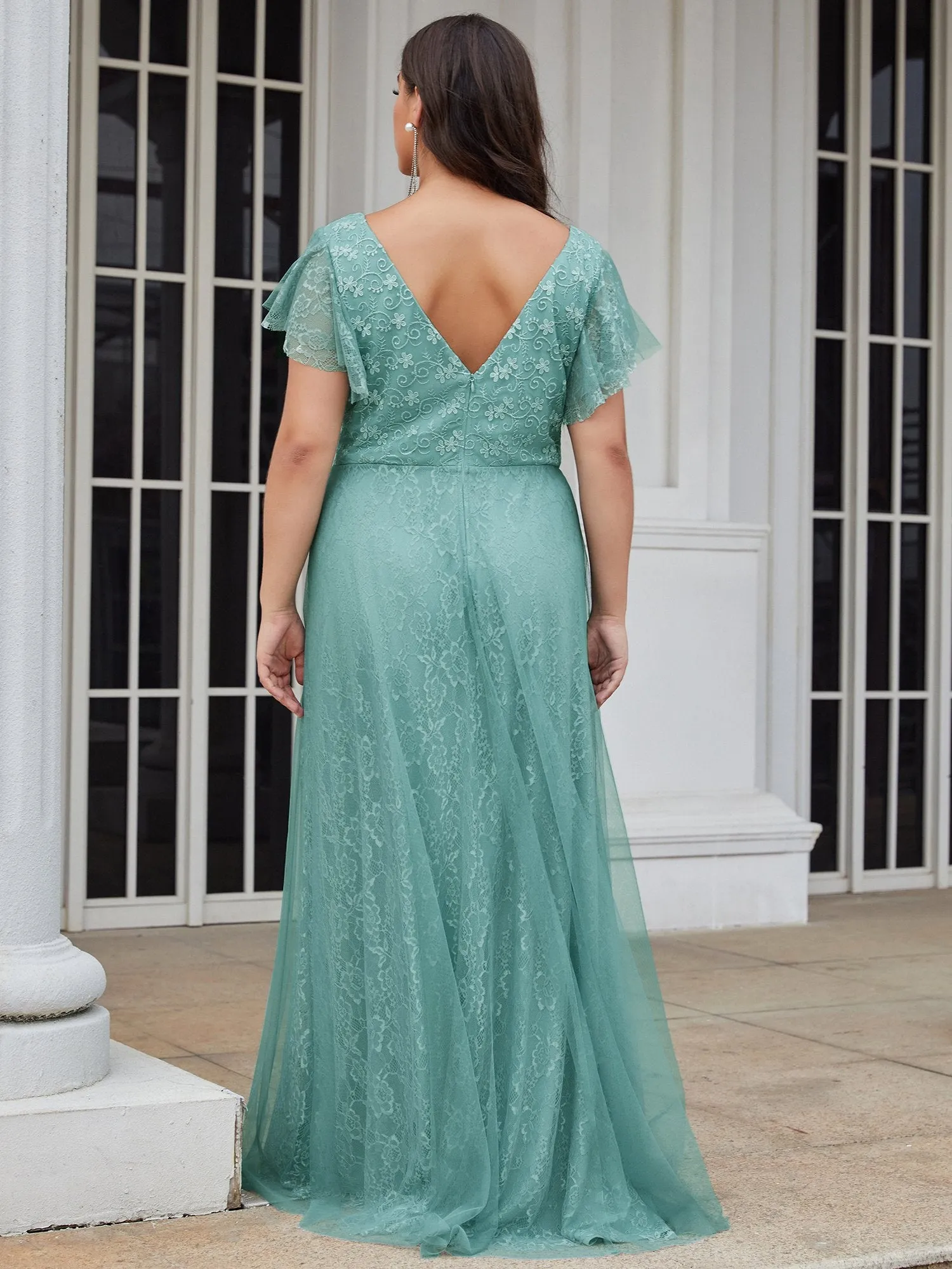 Ever-Pretty Double V-Neck Floor Length Wedding Dresses with Short Sleeve EP00857