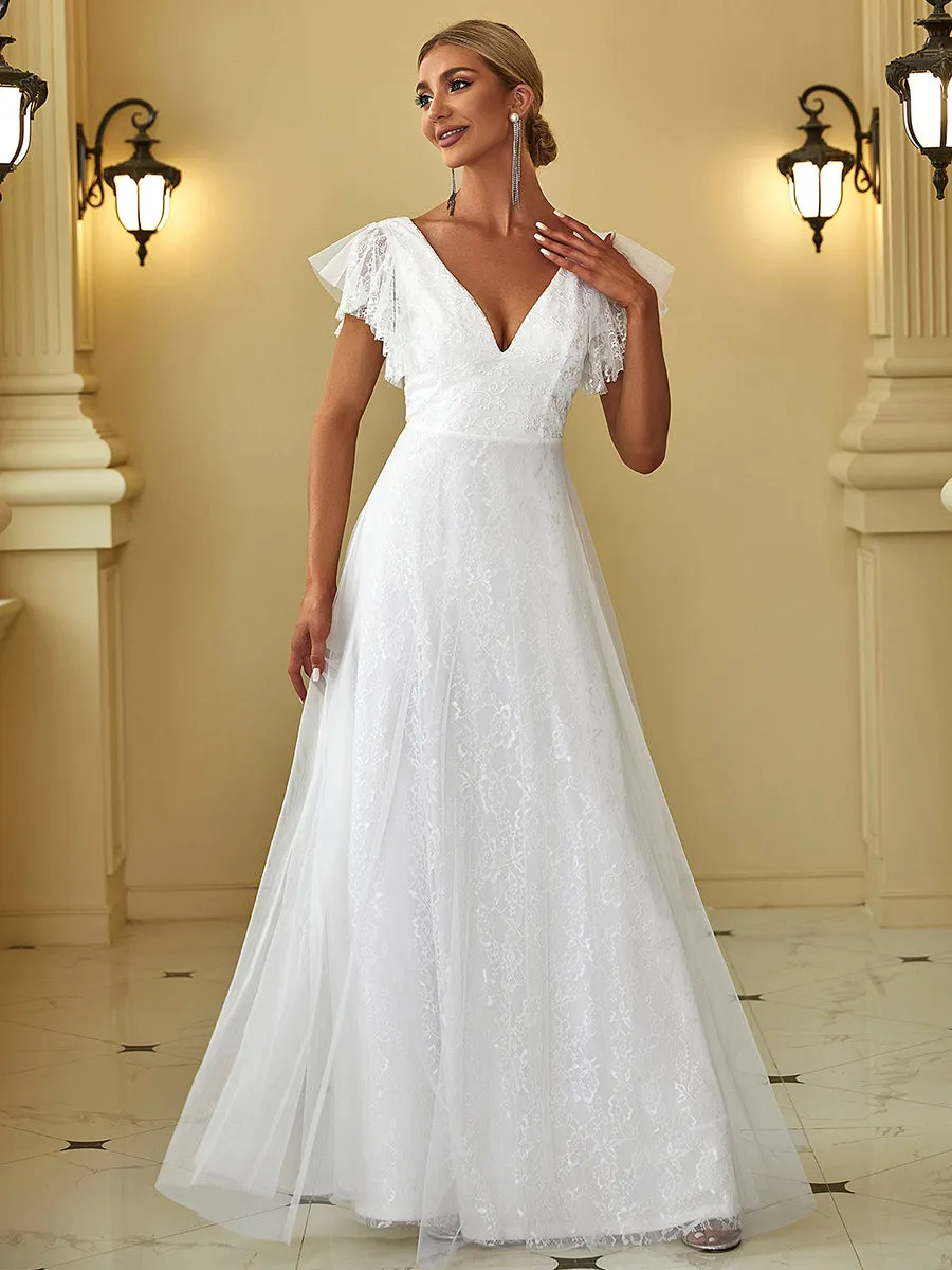 Ever-Pretty Double V-Neck Floor Length Wedding Dresses with Short Sleeve EP00857