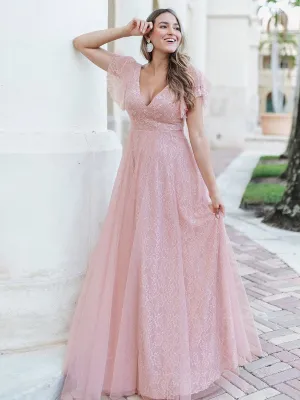 Ever-Pretty Double V-Neck Floor Length Wedding Dresses with Short Sleeve EP00857