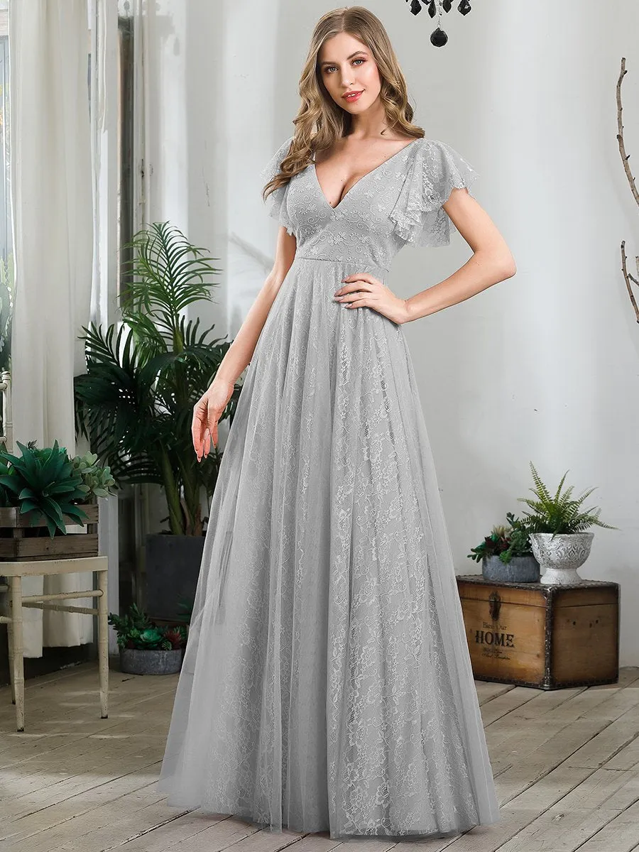 Ever-Pretty Double V-Neck Floor Length Wedding Dresses with Short Sleeve EP00857