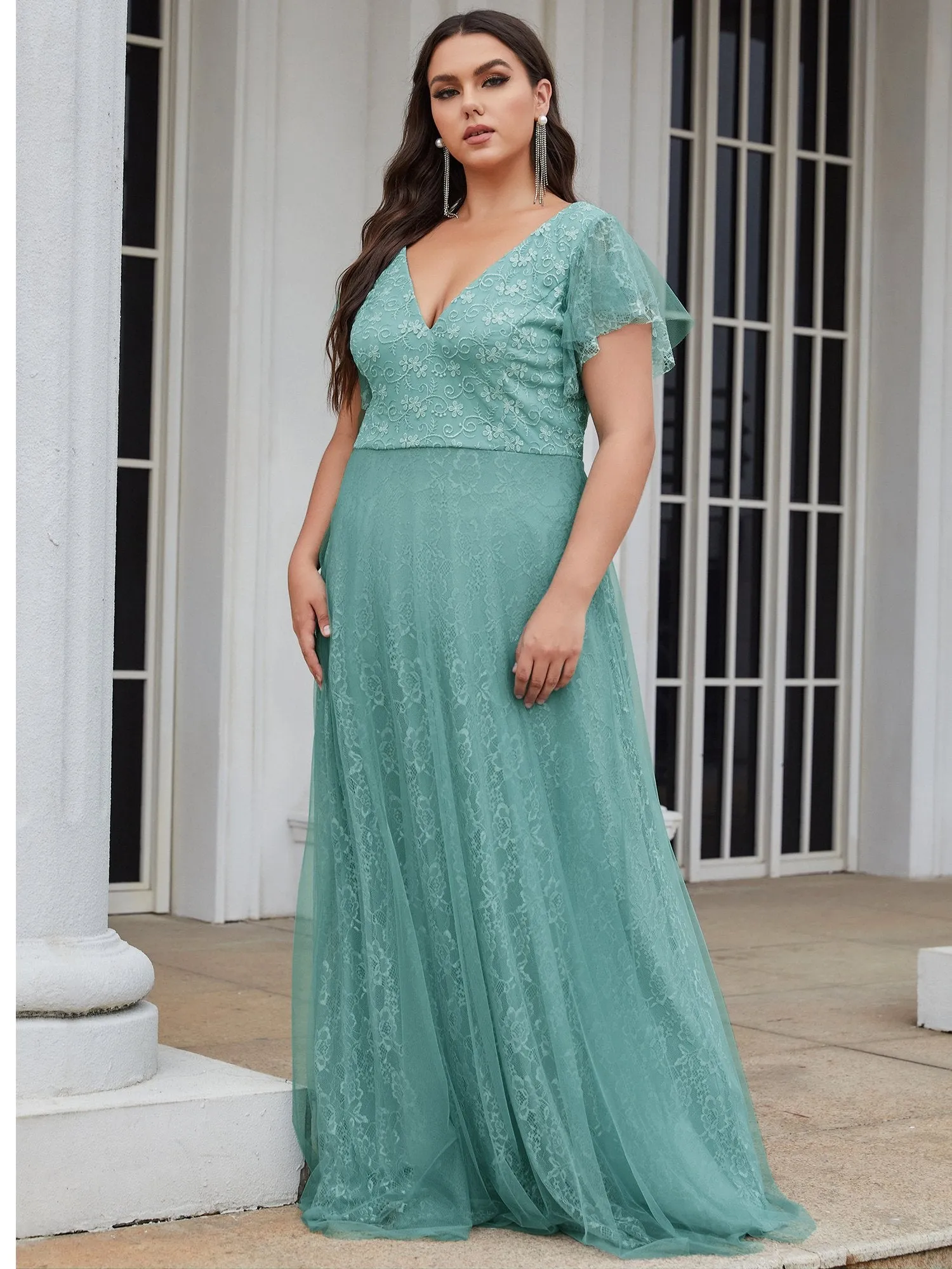 Ever-Pretty Double V-Neck Floor Length Wedding Dresses with Short Sleeve EP00857