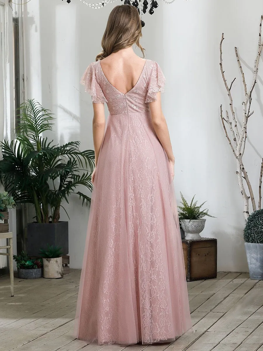 Ever-Pretty Double V-Neck Floor Length Wedding Dresses with Short Sleeve EP00857