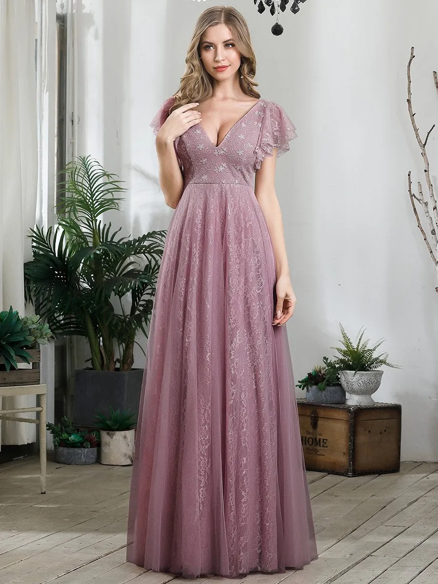 Ever-Pretty Double V-Neck Floor Length Wedding Dresses with Short Sleeve EP00857