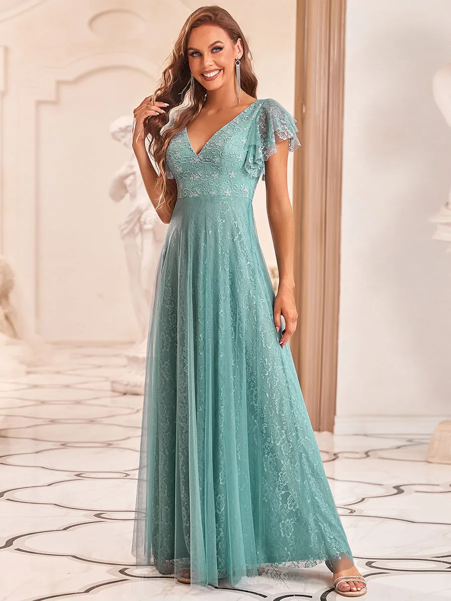 Ever-Pretty Double V-Neck Floor Length Wedding Dresses with Short Sleeve EP00857