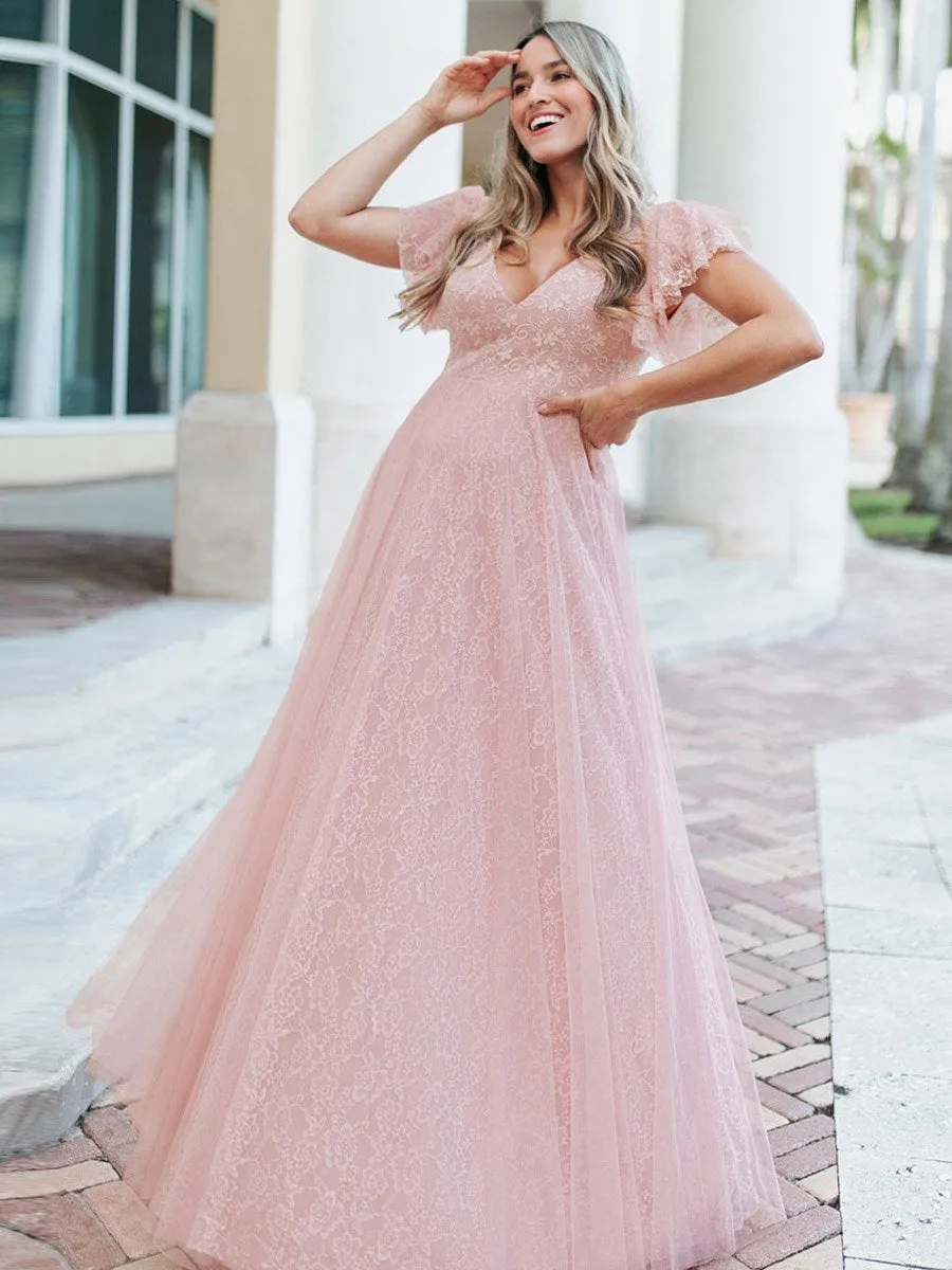 Ever-Pretty Double V-Neck Floor Length Wedding Dresses with Short Sleeve EP00857