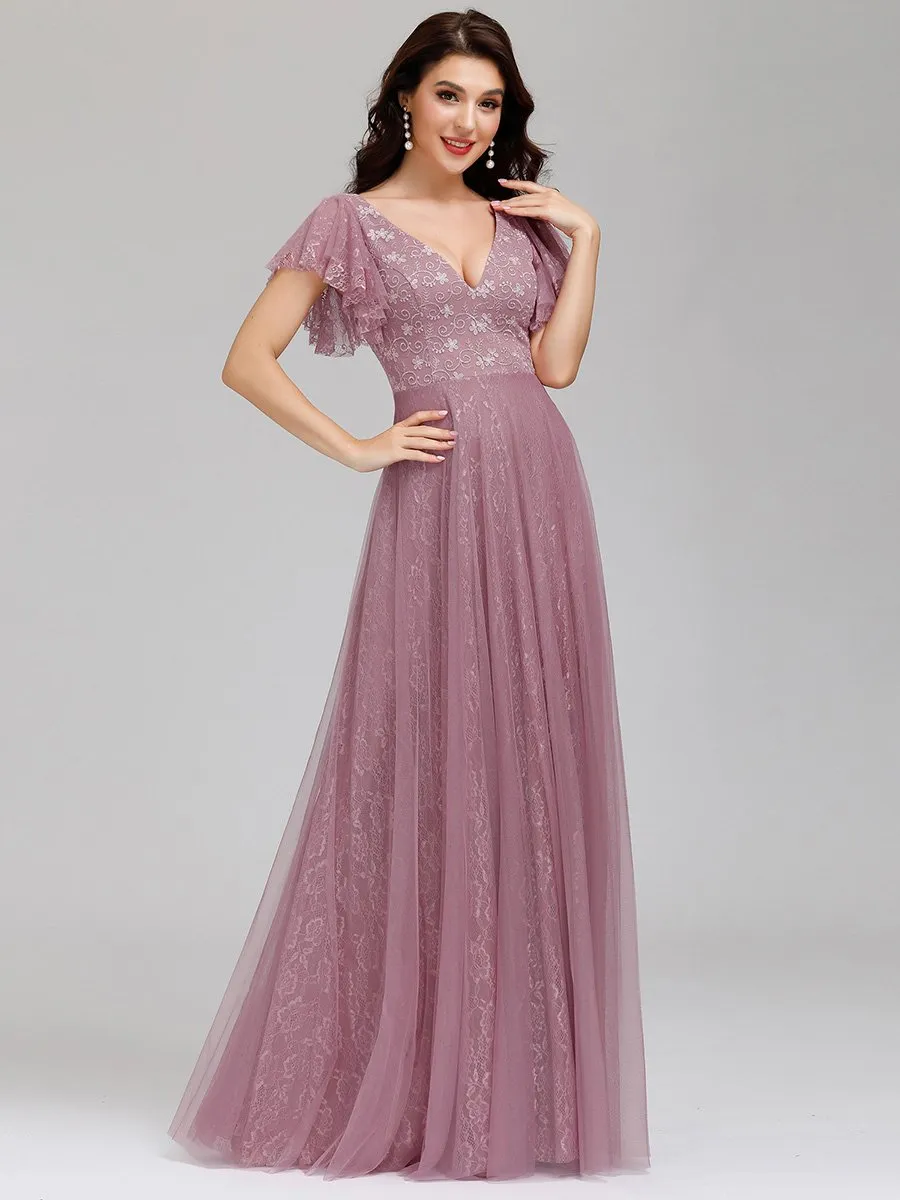 Ever-Pretty Double V-Neck Floor Length Wedding Dresses with Short Sleeve EP00857