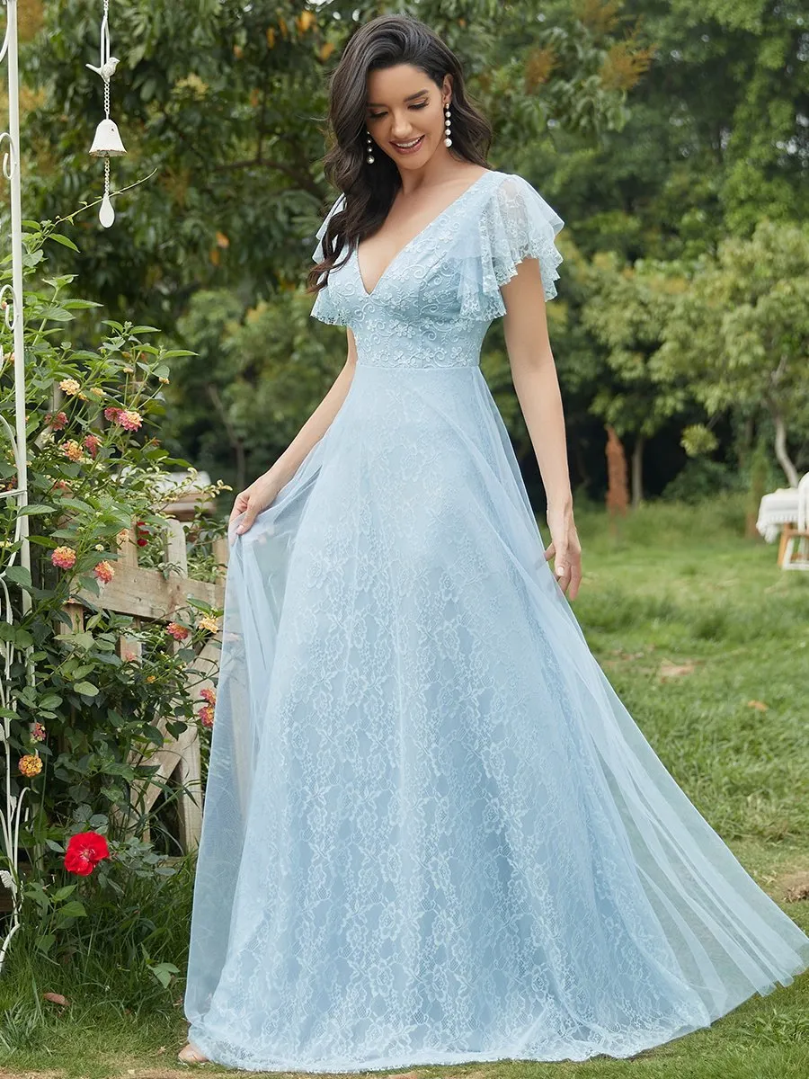 Ever-Pretty Double V-Neck Floor Length Wedding Dresses with Short Sleeve EP00857