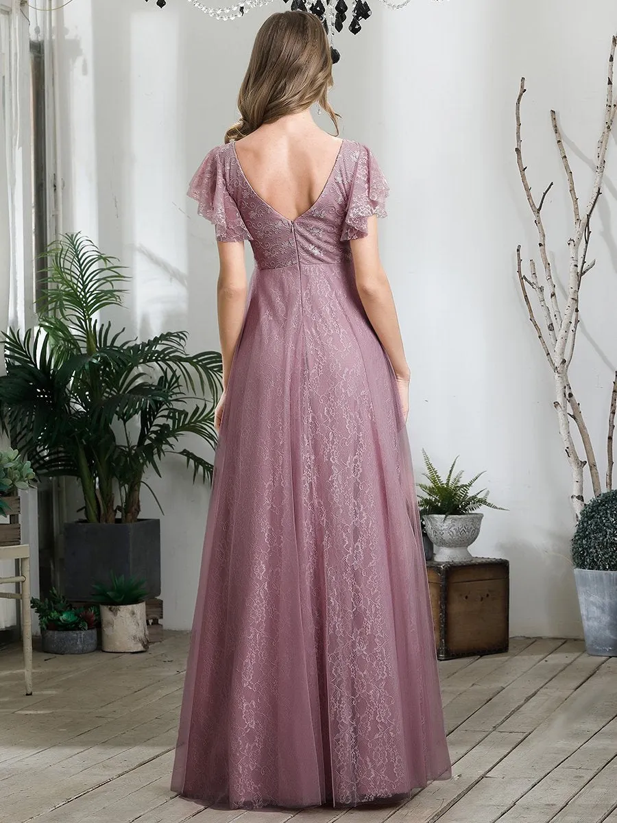 Ever-Pretty Double V-Neck Floor Length Wedding Dresses with Short Sleeve EP00857