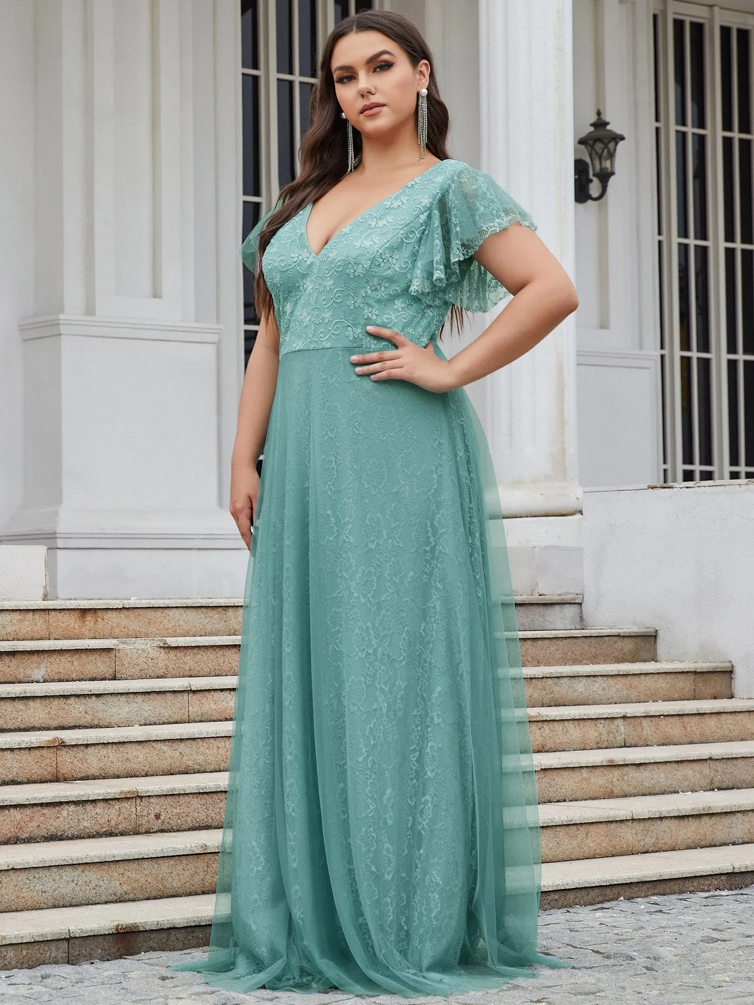 Ever-Pretty Double V-Neck Floor Length Wedding Dresses with Short Sleeve EP00857