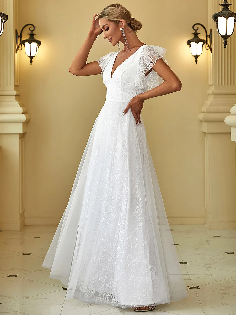 Ever-Pretty Double V-Neck Floor Length Wedding Dresses with Short Sleeve EP00857