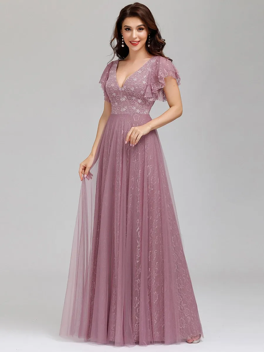 Ever-Pretty Double V-Neck Floor Length Wedding Dresses with Short Sleeve EP00857
