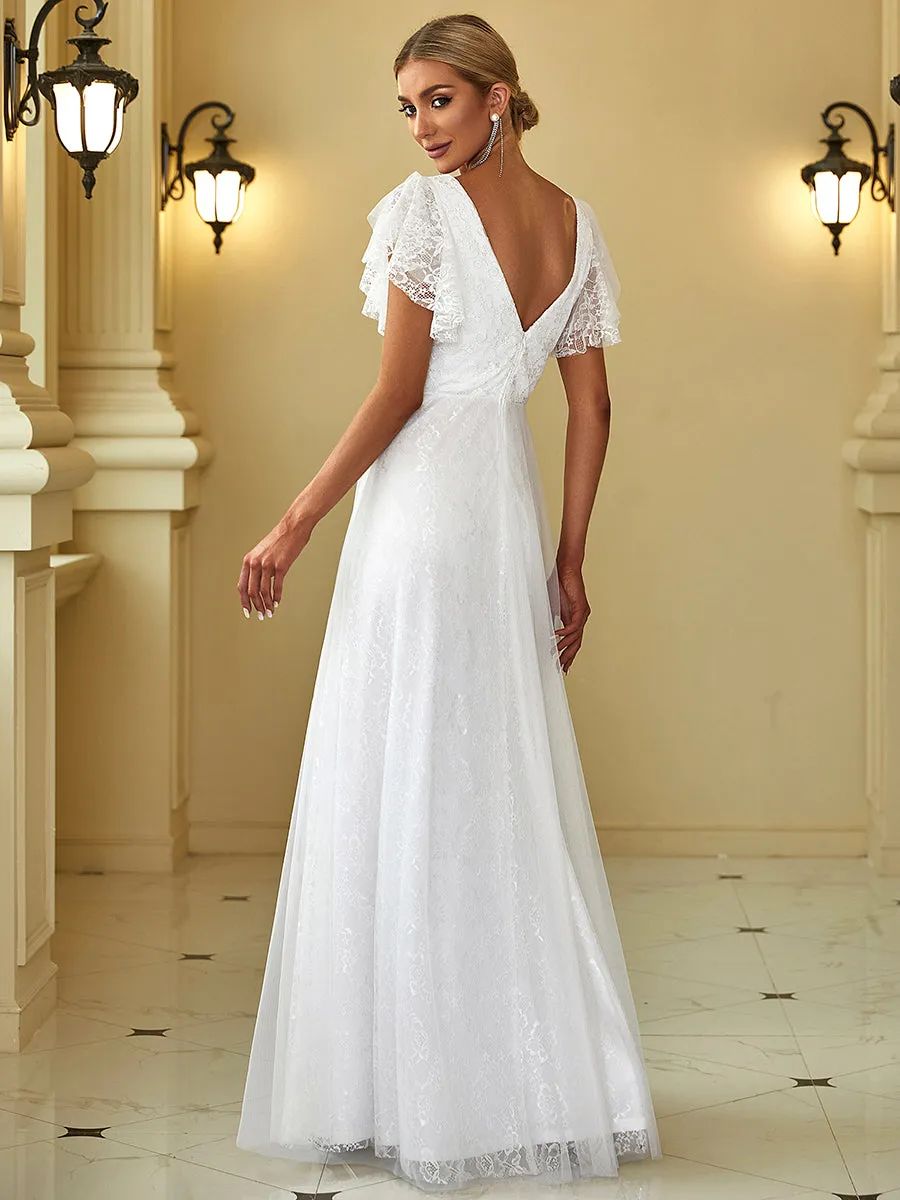 Ever-Pretty Double V-Neck Floor Length Wedding Dresses with Short Sleeve EP00857