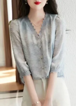 Fashion Light Blue V Neck Button Cotton Shirt Tops Half Sleeve LY9973