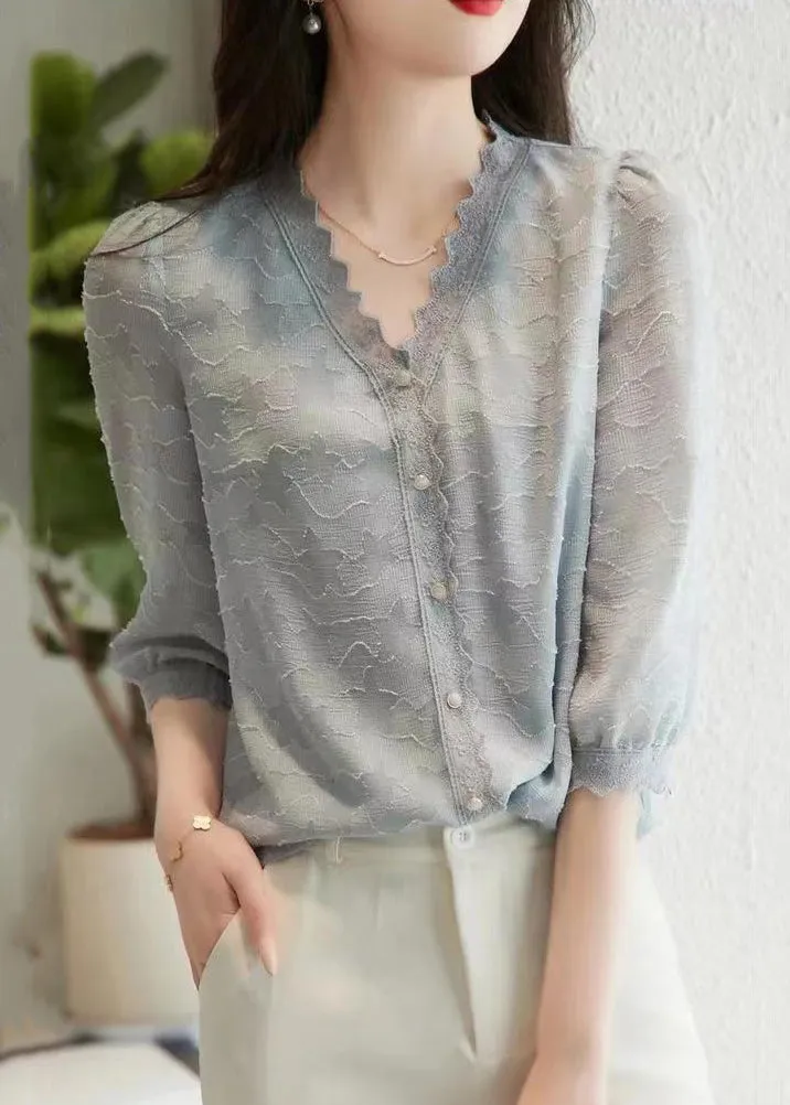 Fashion Light Blue V Neck Button Cotton Shirt Tops Half Sleeve LY9973