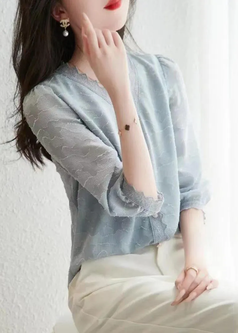 Fashion Light Blue V Neck Button Cotton Shirt Tops Half Sleeve LY9973