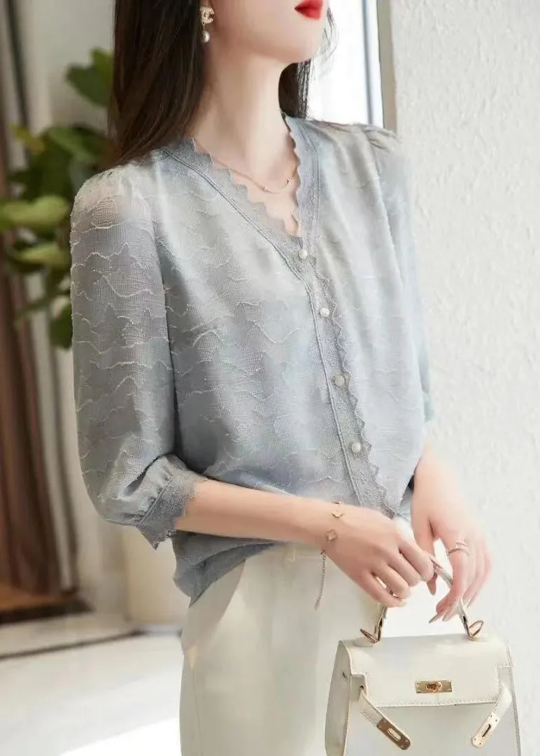 Fashion Light Blue V Neck Button Cotton Shirt Tops Half Sleeve LY9973