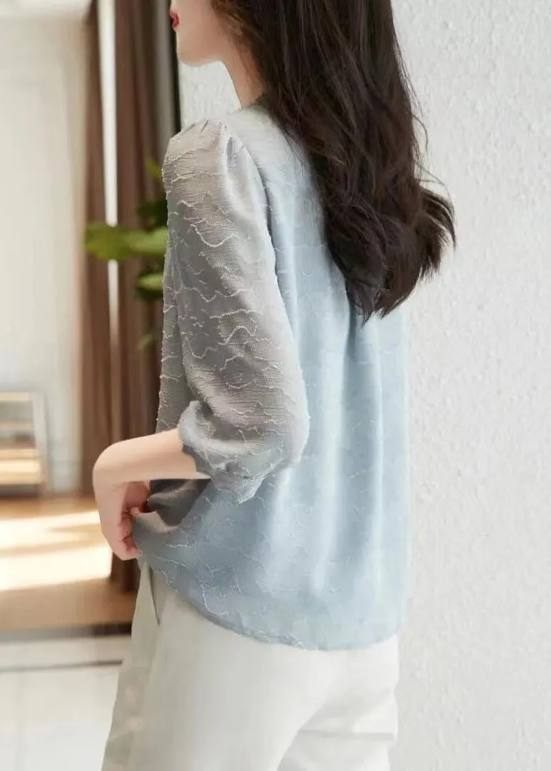 Fashion Light Blue V Neck Button Cotton Shirt Tops Half Sleeve LY9973