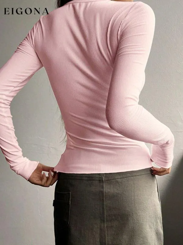Feminine U-neck buttoned long-sleeved knitted top