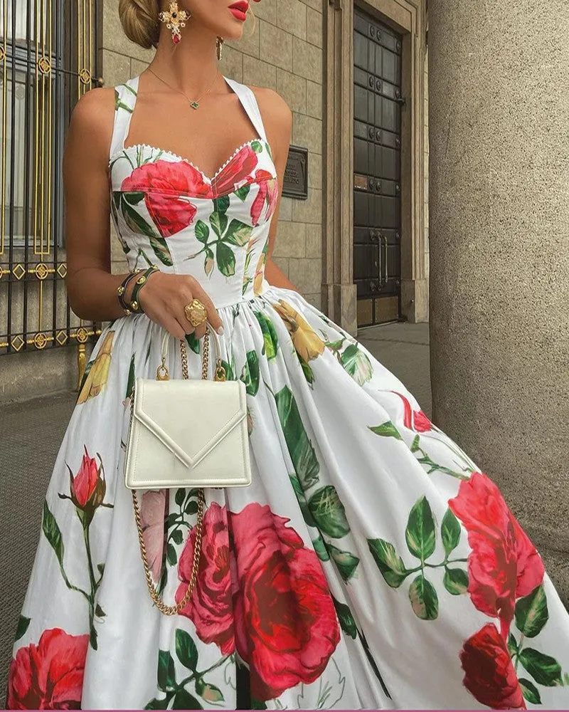Floral Print Halter Lace Trim Party Dress