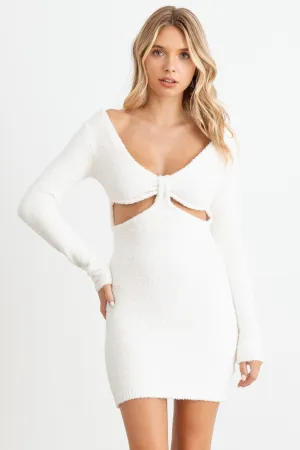 Fluffy Bow Cut-Out Detail Long Sleeve Mini Dress