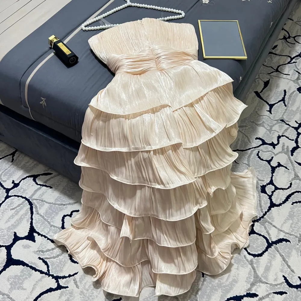 Flytonn- Strapless Wavy Pleated Tiered Midi Dress