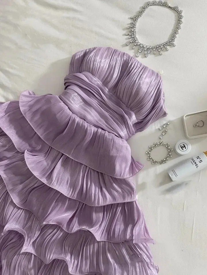 Flytonn- Strapless Wavy Pleated Tiered Midi Dress
