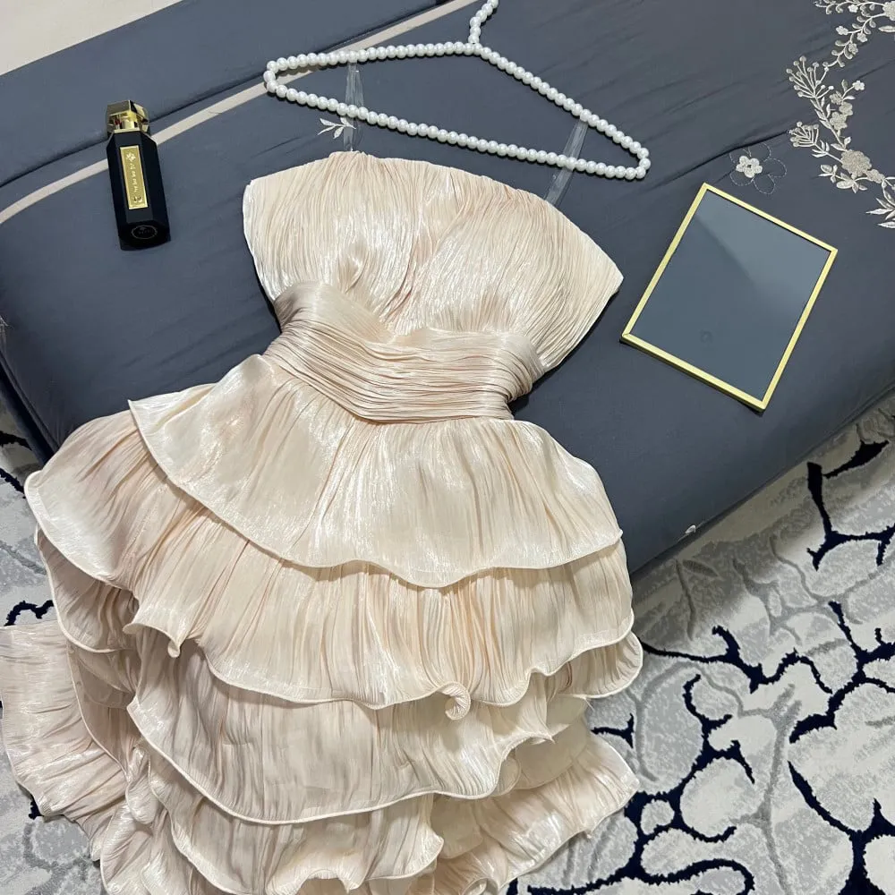 Flytonn- Strapless Wavy Pleated Tiered Midi Dress