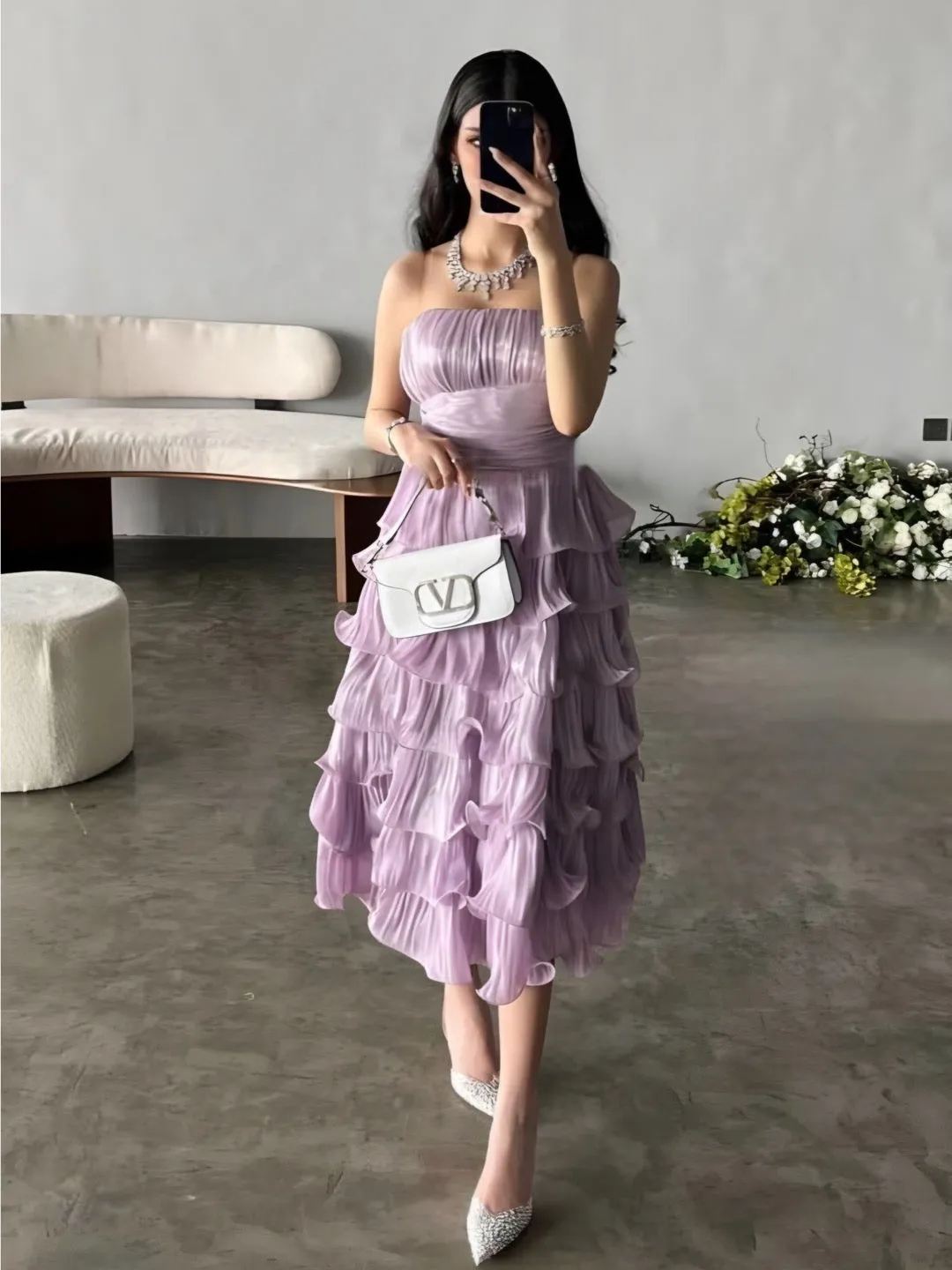 Flytonn- Strapless Wavy Pleated Tiered Midi Dress