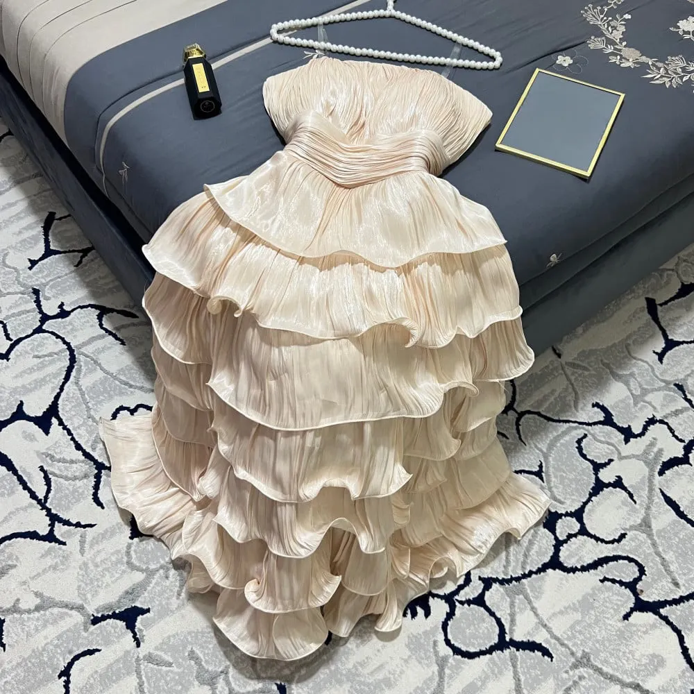 Flytonn- Strapless Wavy Pleated Tiered Midi Dress