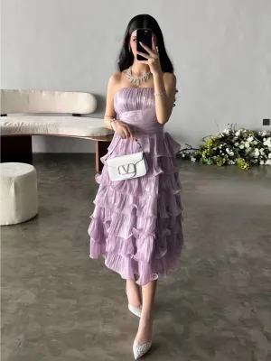 Flytonn- Strapless Wavy Pleated Tiered Midi Dress