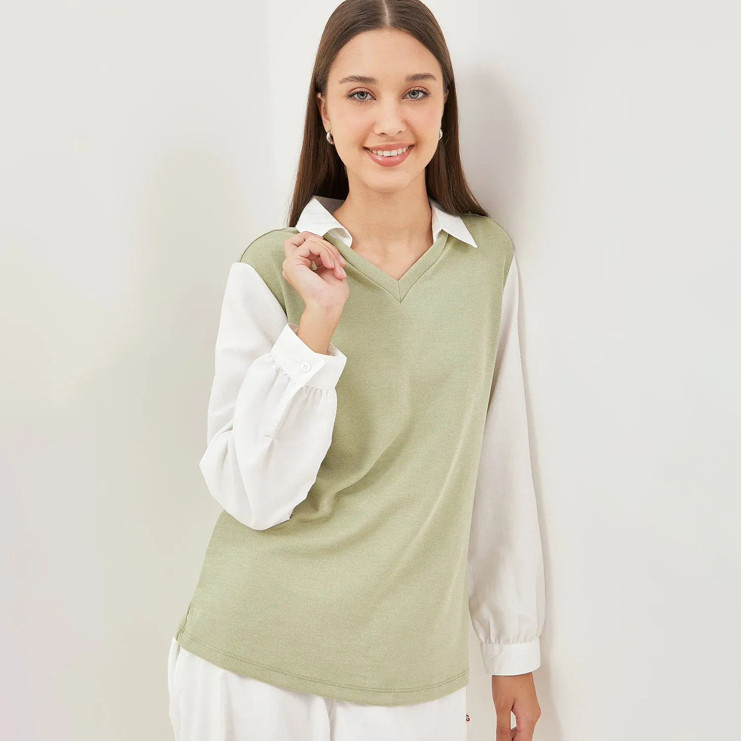 GRAPHIS Collared V-Neck Sweater Look Shirt