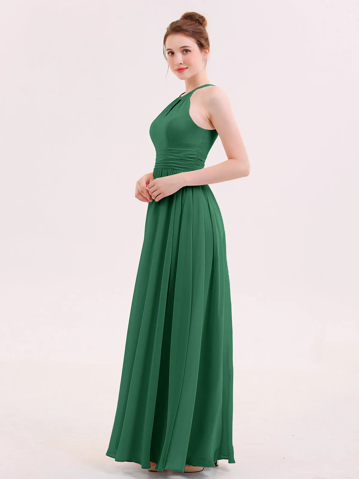 Halter Long Chiffon Dress of Bridesmaids Dark Green