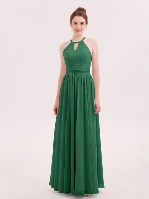 Halter Long Chiffon Dress of Bridesmaids Dark Green