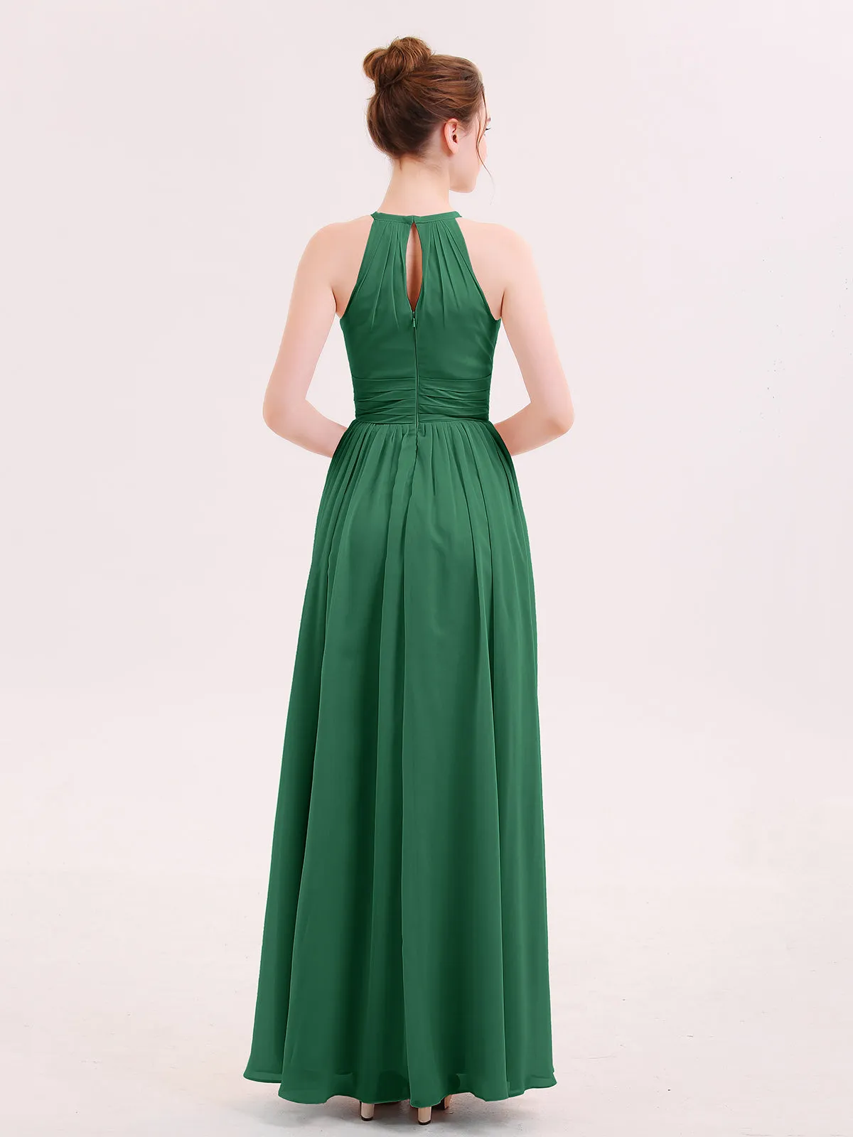 Halter Long Chiffon Dress of Bridesmaids Dark Green