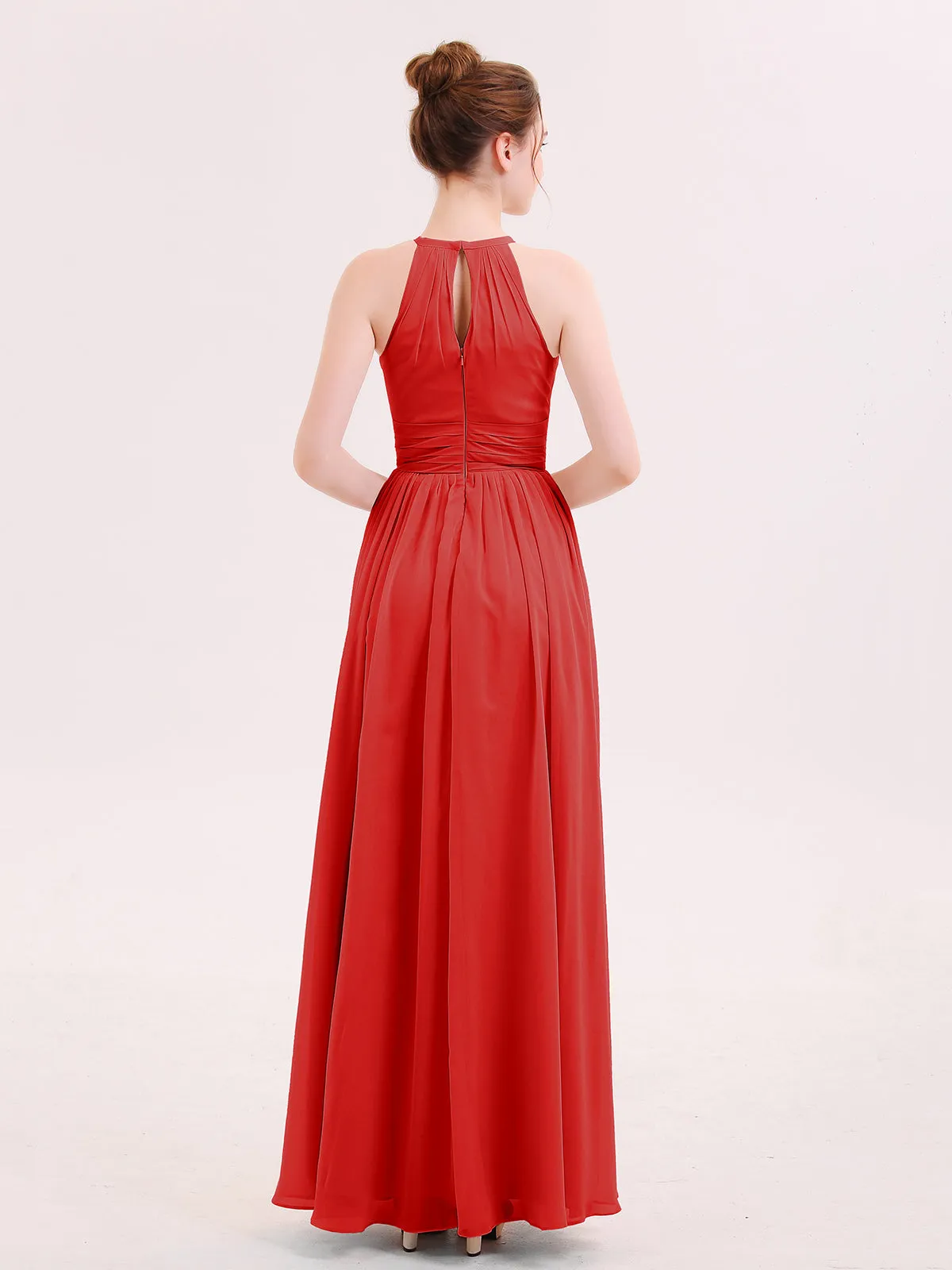 Halter Long Chiffon Dress of Bridesmaids Red Plus Size