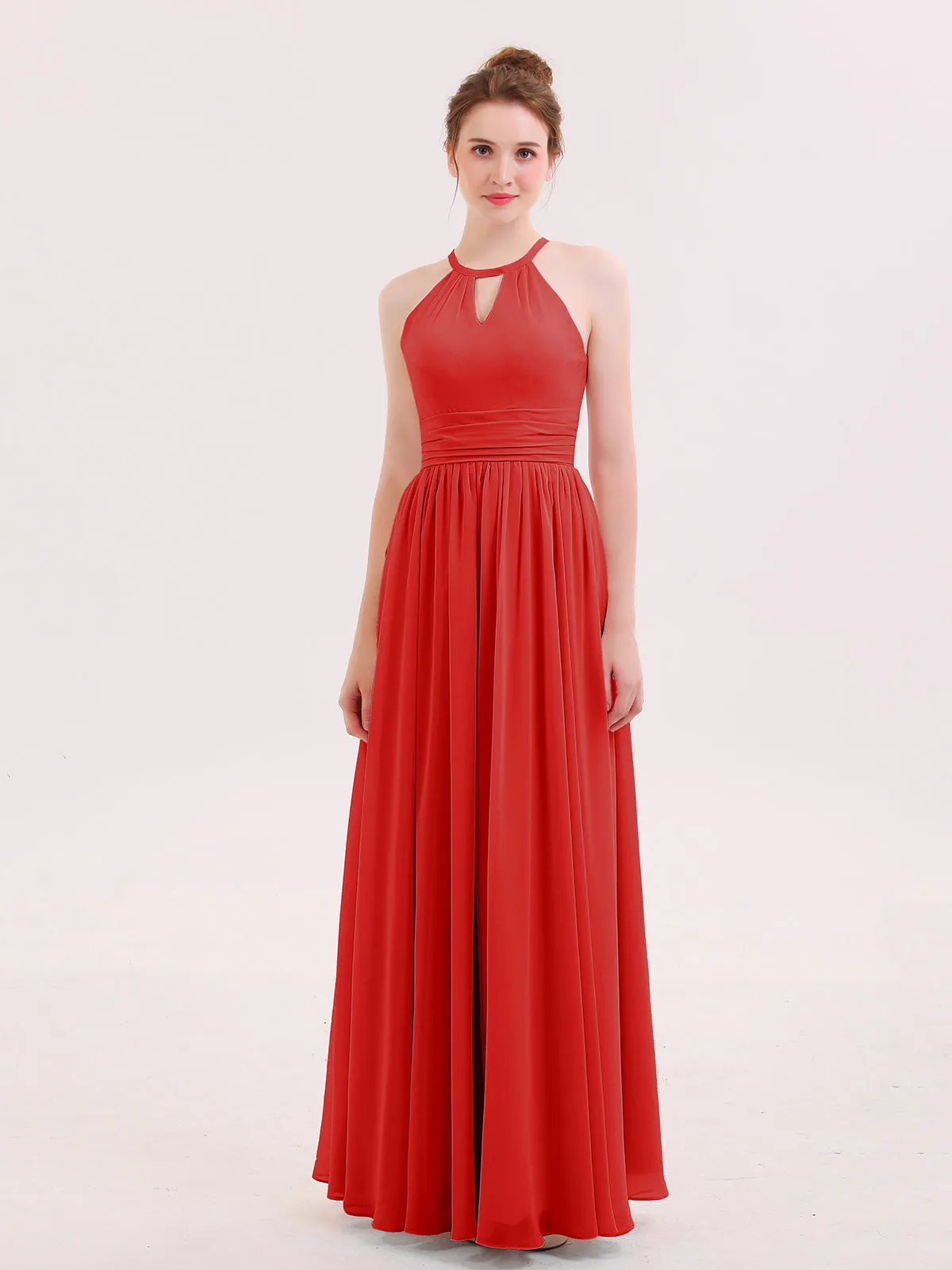 Halter Long Chiffon Dress of Bridesmaids Red Plus Size