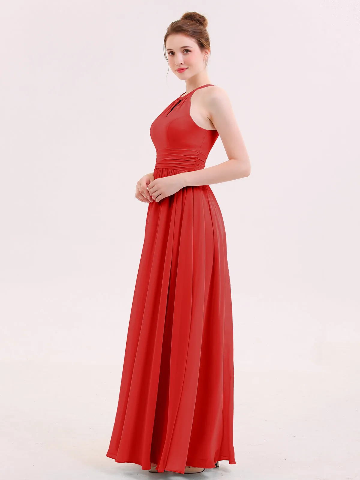 Halter Long Chiffon Dress of Bridesmaids Red Plus Size