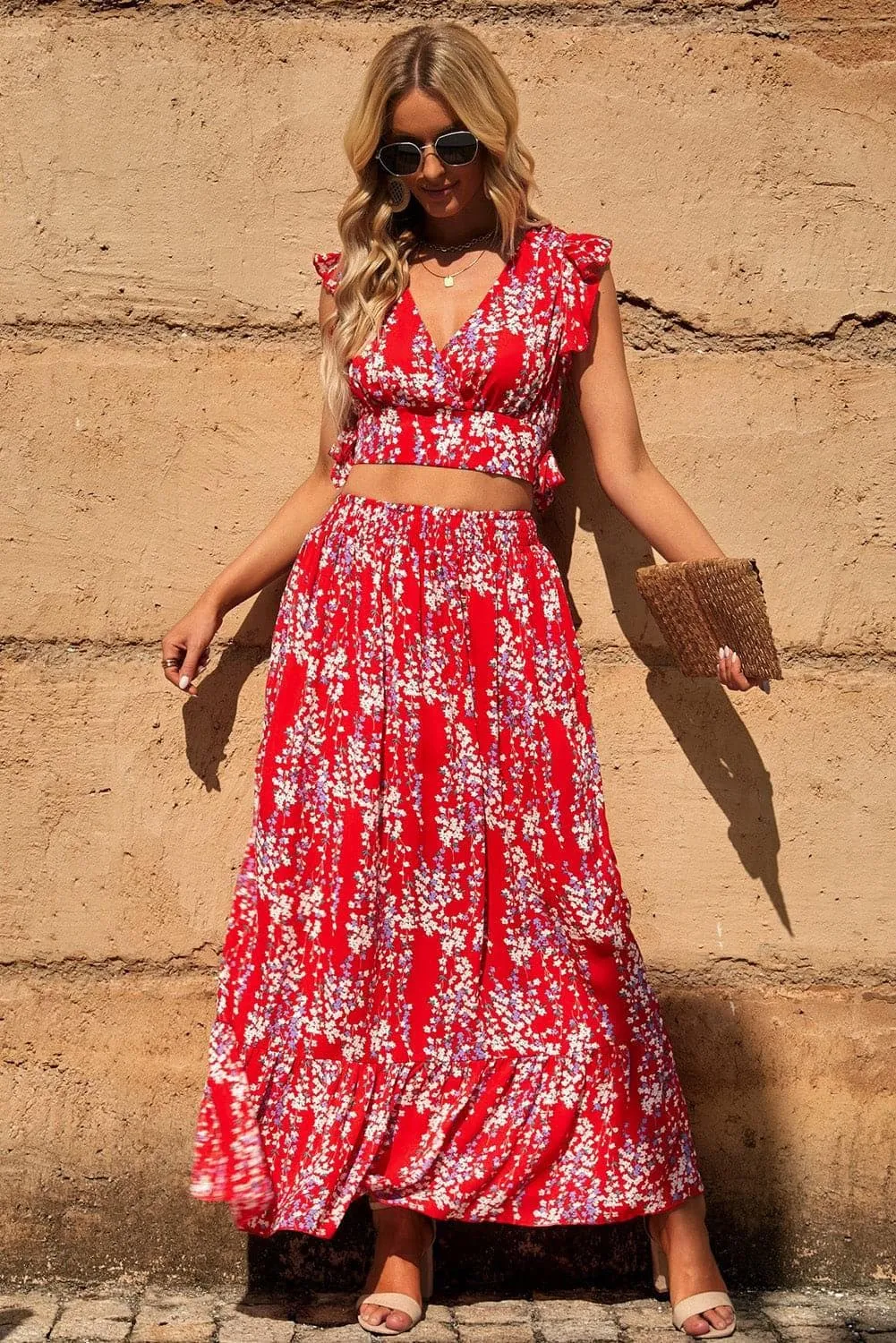 Hendrix Printed Tie Back Cropped Top and Maxi Skirt Set