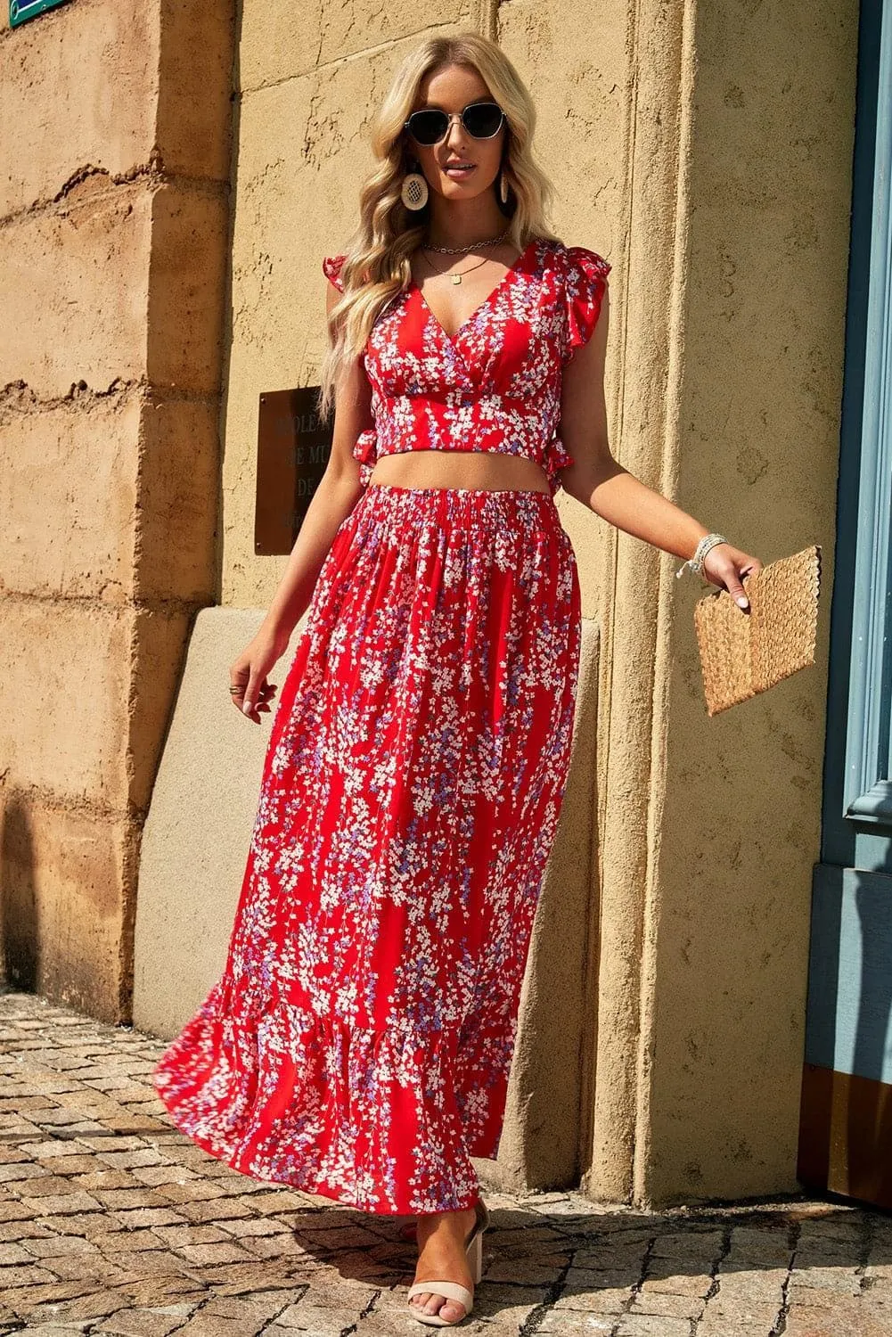 Hendrix Printed Tie Back Cropped Top and Maxi Skirt Set