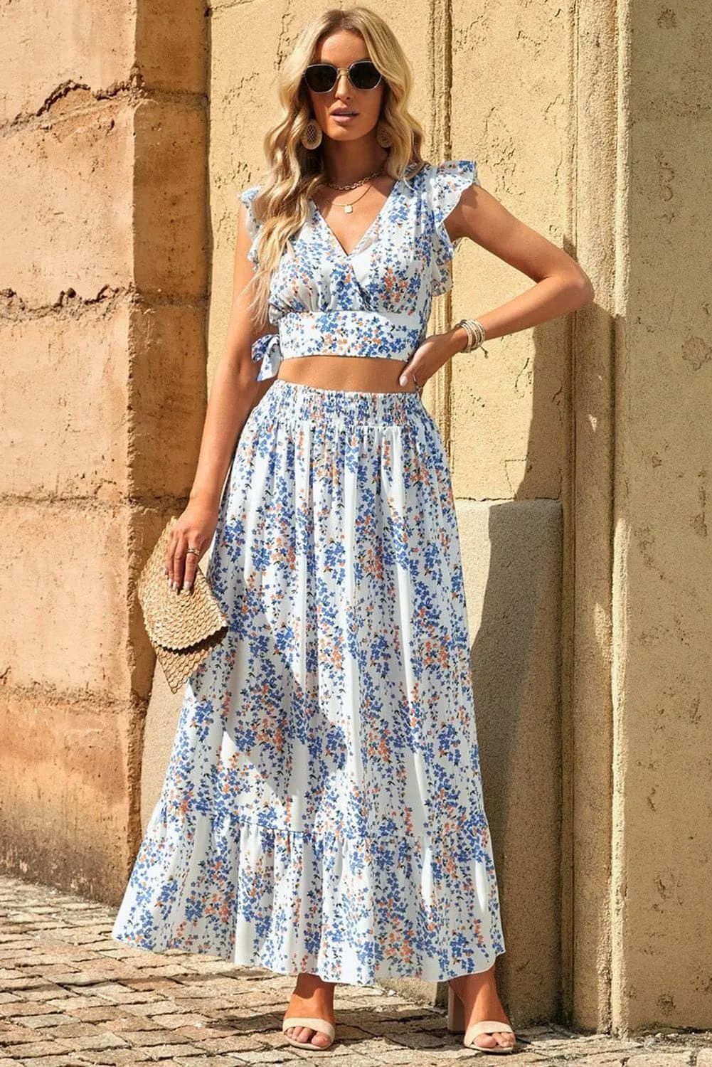 Hendrix Printed Tie Back Cropped Top and Maxi Skirt Set