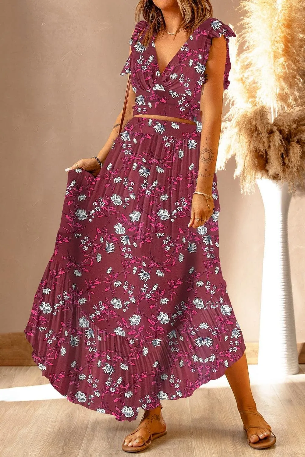 Hendrix Printed Tie Back Cropped Top and Maxi Skirt Set