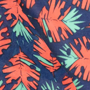 Ink Blue-Orange-Teal Leaves Printed Poly Chiffon Woven Fabric