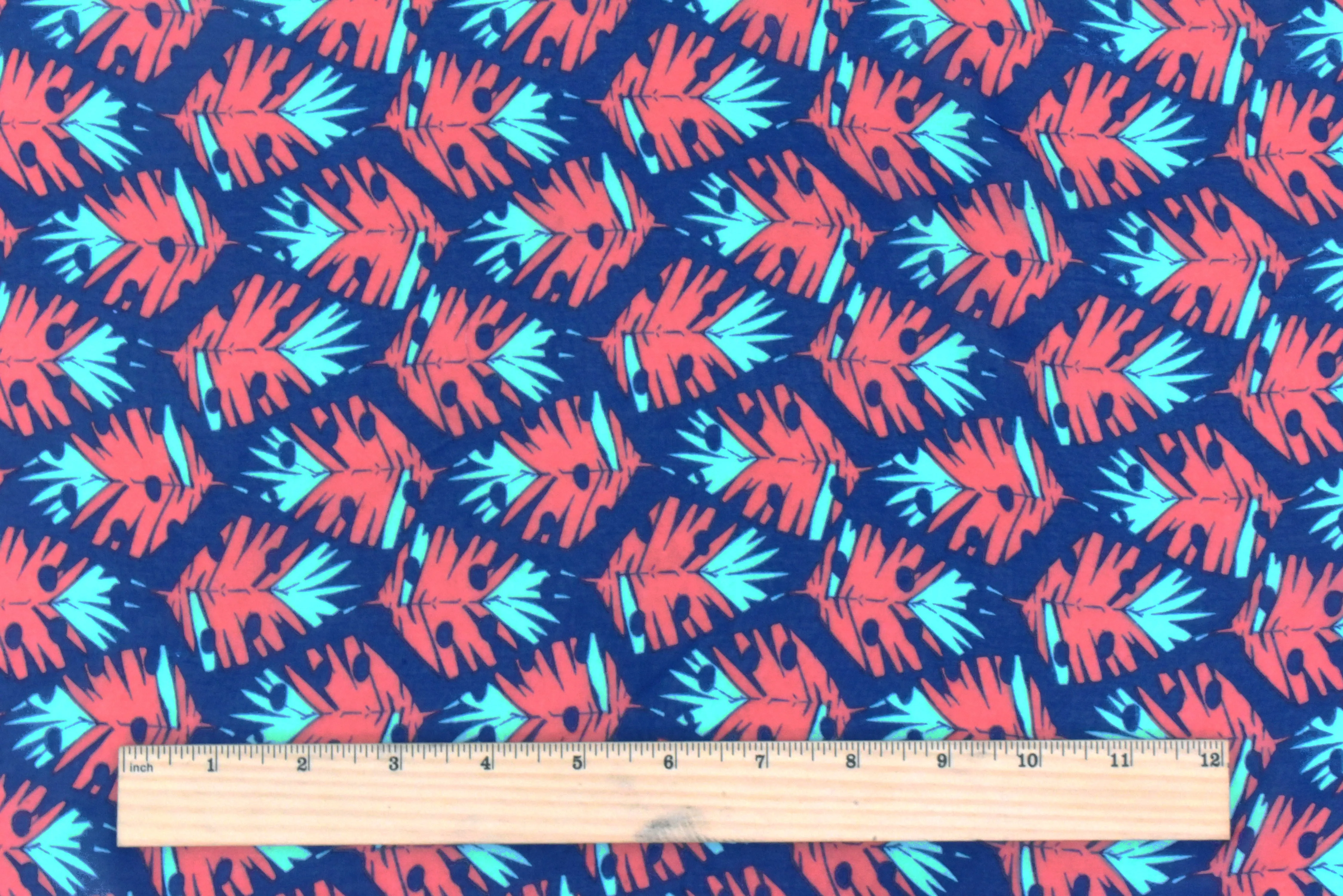 Ink Blue-Orange-Teal Leaves Printed Poly Chiffon Woven Fabric