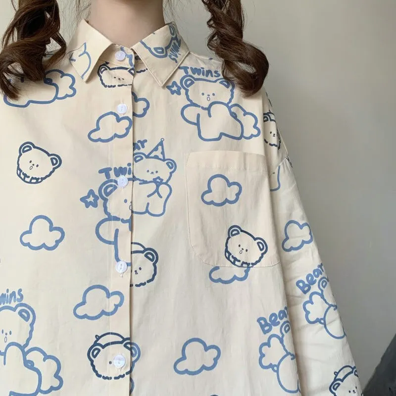Joskaa Christmas Gift QWEEK Kawaii Shirt for Teen Girls Funny Bear Print Blouses Pattern Graphic Cardigan Cute Tops Oversized Japan Style 2024 Fashion
