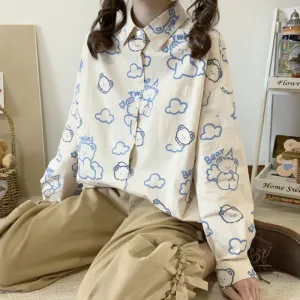 Joskaa Christmas Gift QWEEK Kawaii Shirt for Teen Girls Funny Bear Print Blouses Pattern Graphic Cardigan Cute Tops Oversized Japan Style 2024 Fashion