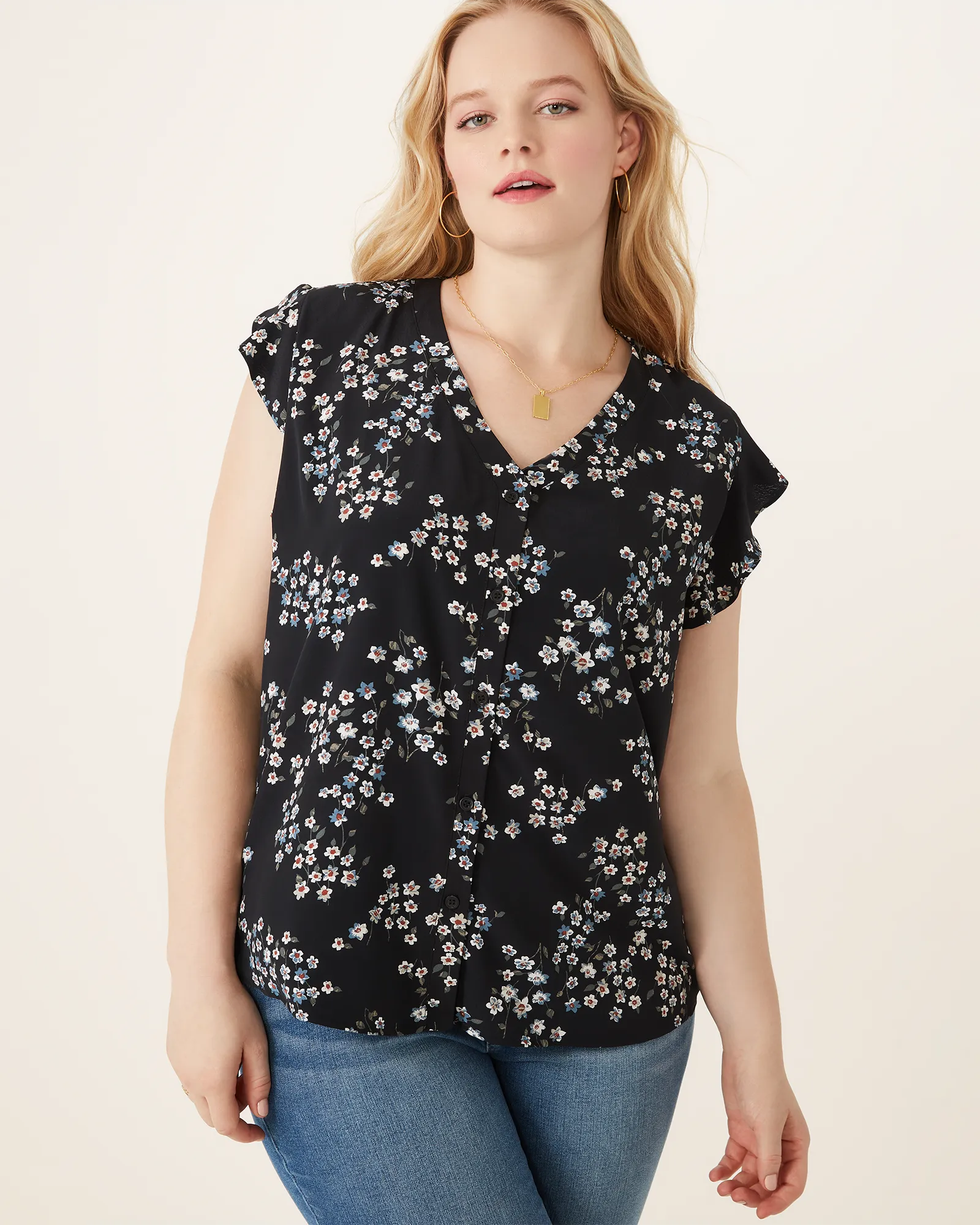 Keira Ruffled Button-Front Top | Black / White