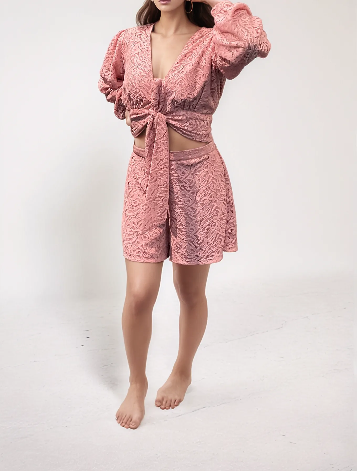 Lace Tie-Front Top & Matching Shorts Co-Ord Set